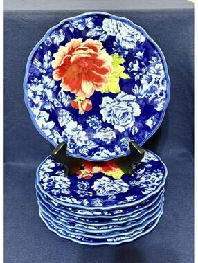 Pioneer Woman Heritage Floral Salad Plates, Set Of 7, Scalloped Edges 8.5 Inch
